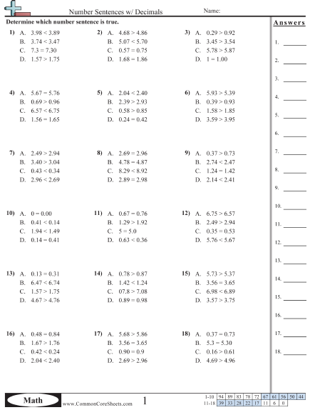 Decimal Worksheets - Number Sentences w/ Decimals  worksheet